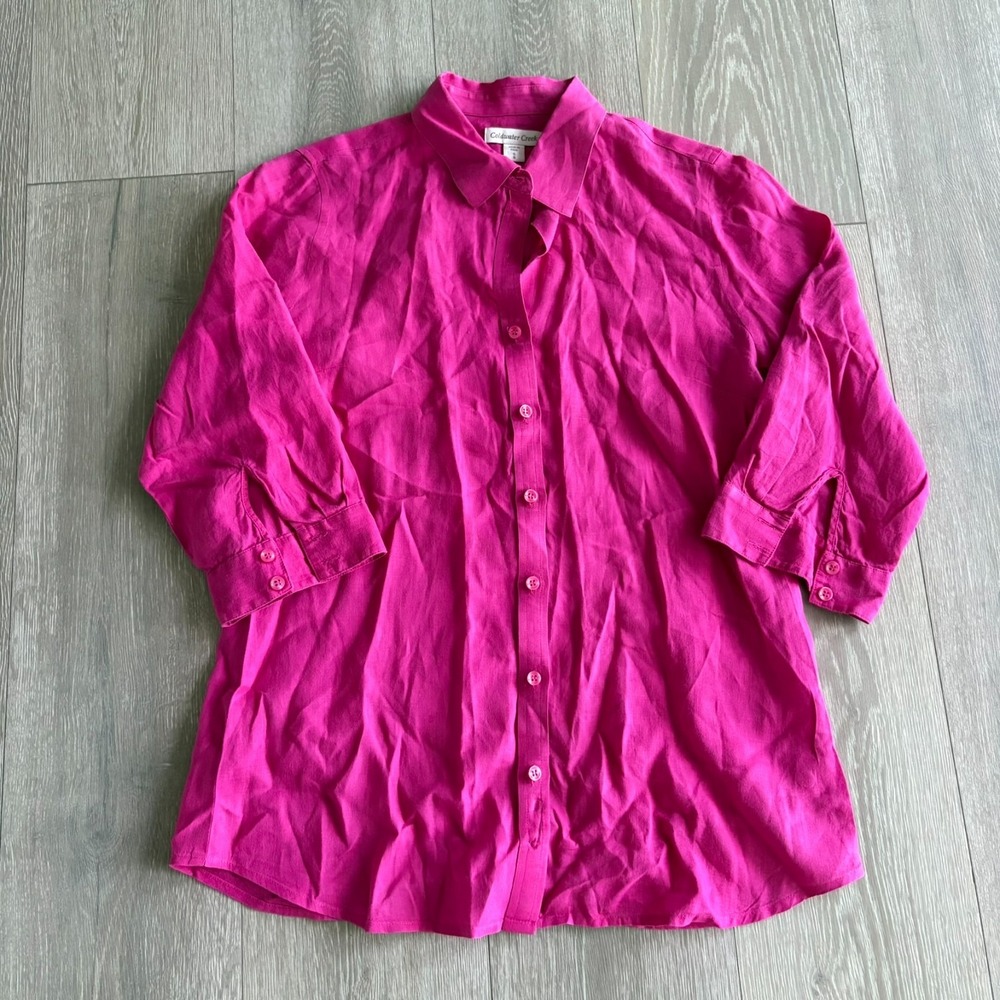 Coldwater Creek Womens Hot Pink 100% Linen 3/4‎ Sleeve Button-Up Shirt Size S